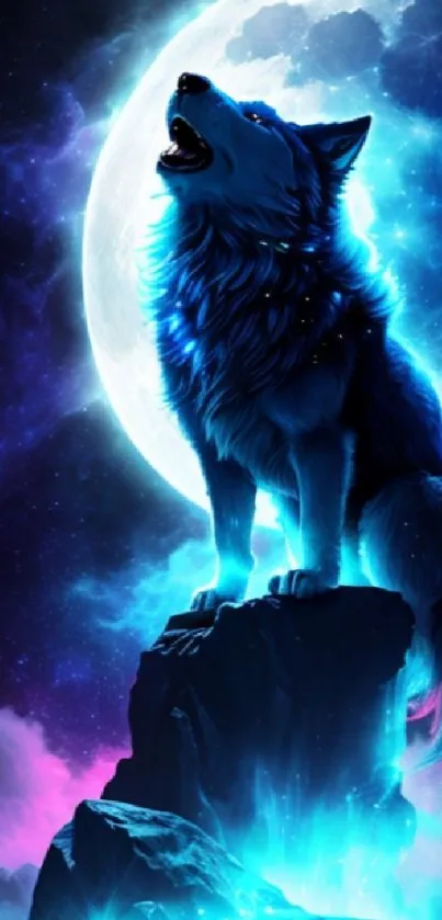 Mystical wolf howling at the moon with cosmic background.