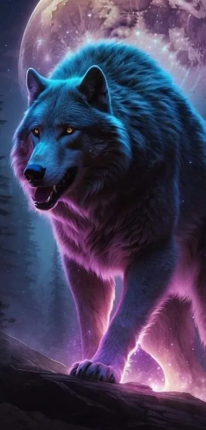 A mystical wolf stands under a glowing moonlight, bathed in blue and purple hues.