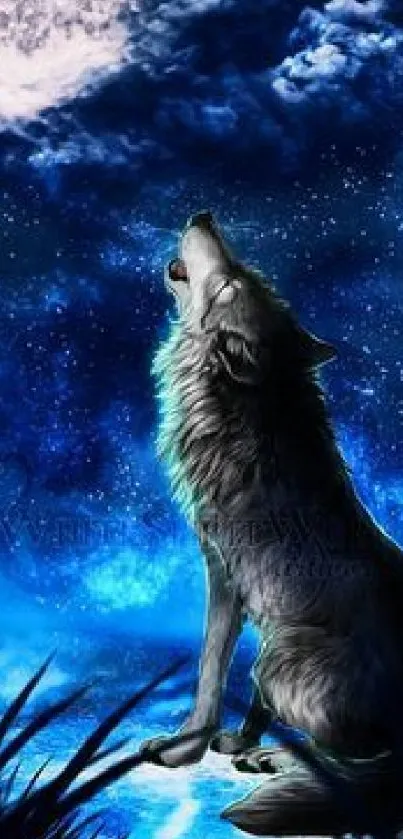 Majestic wolf howling under a full moon in a starry night sky wallpaper.