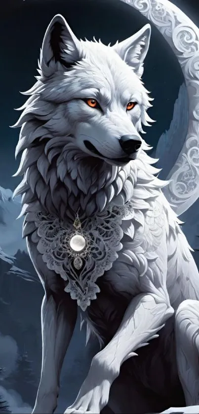 White wolf under crescent moon with mountains.