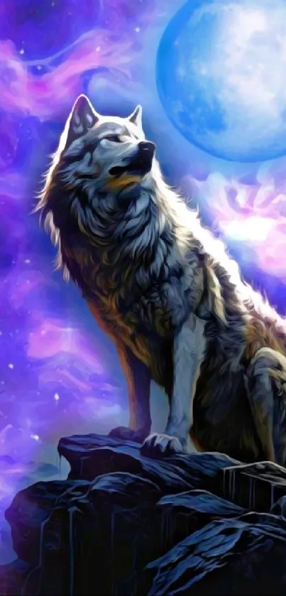 Mystical wolf howling under a luminous moon on a cosmic purple night.