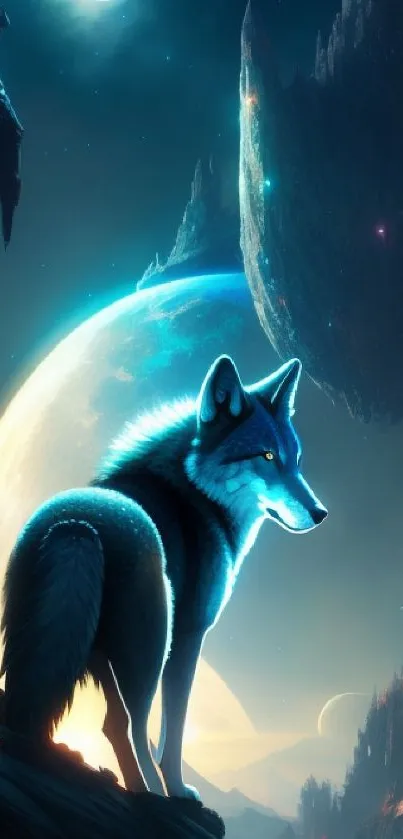 A mystical wolf under the cosmic moonlit sky in a fantasy landscape wallpaper.