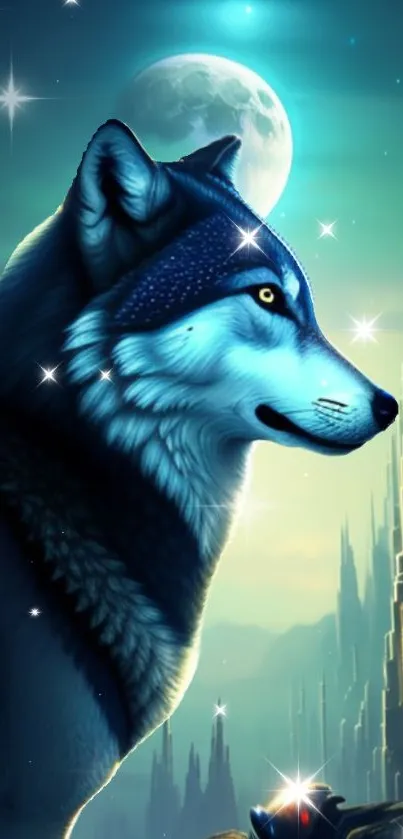Mystical wolf gazing under teal moonlight in cityscape artwork.
