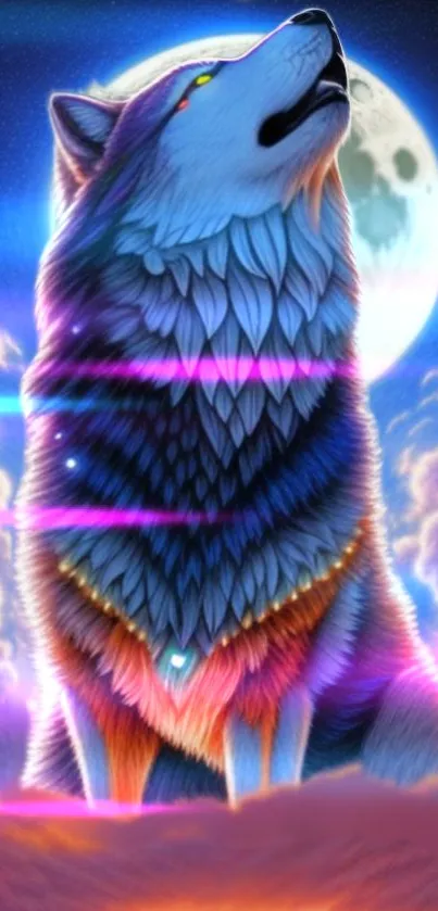 A vibrant illustration of a wolf howling under a full moon.