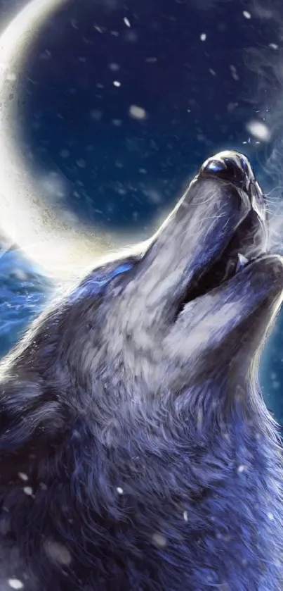 Wolf howling under a moonlit sky with snowflakes falling.