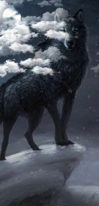 Majestic wolf standing under moonlit sky on a snowy rock.