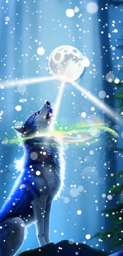 Howling wolf under moonlight in a mystical forest with glowing orbs.