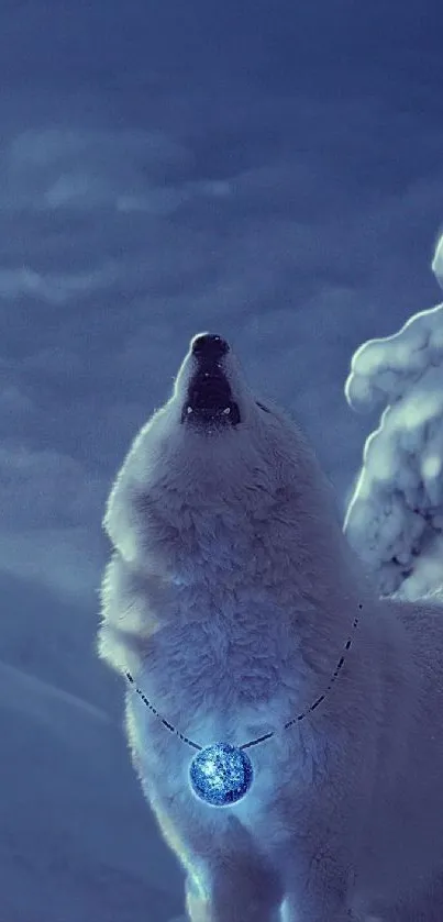 Wolf howling under a mystical moonlit sky, wearing glowing pendant.