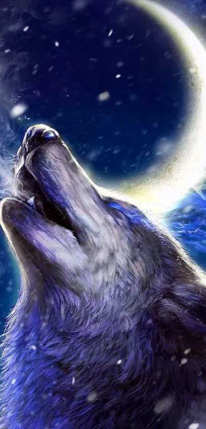 Mystical wolf howling under crescent moon in night sky.