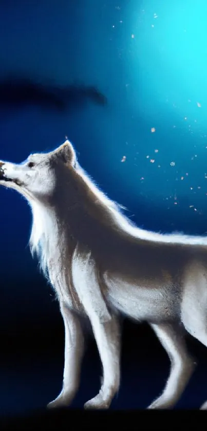 A wolf howls under a glowing blue moonlit sky, surrounded by celestial light.