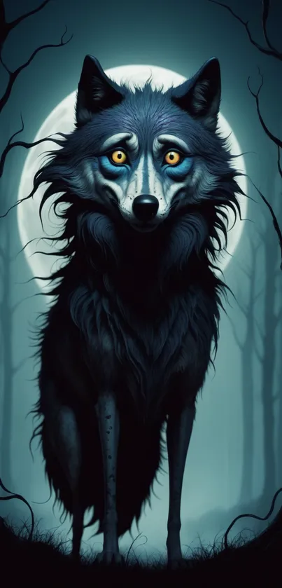 Mystical wolf in a moonlit forest wallpaper.