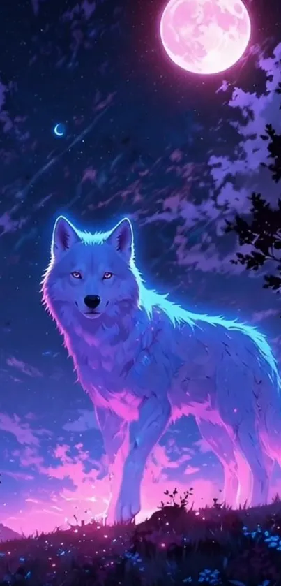 Mystical wolf beneath a pink moonlight sky, emitting a magical aura.