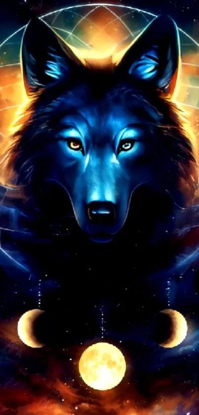 Mystical wolf with celestial symbols in a cosmic blue design.