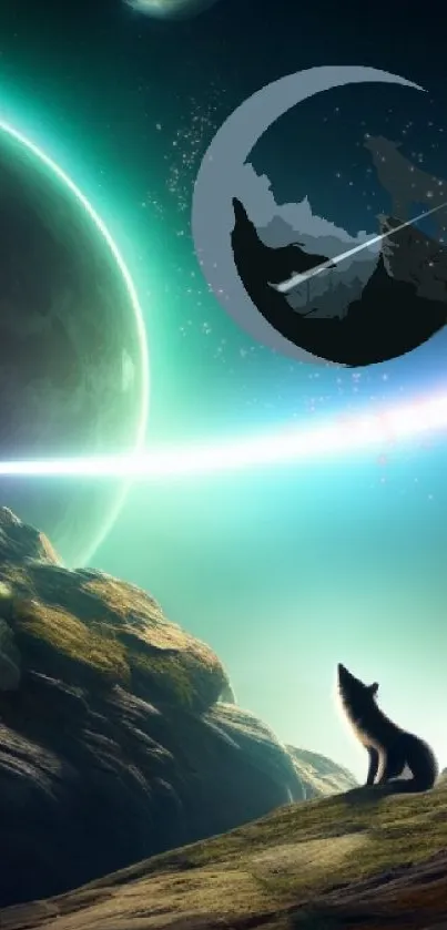 Mystical wolf howling at crescent moon in vibrant cosmic landscape.