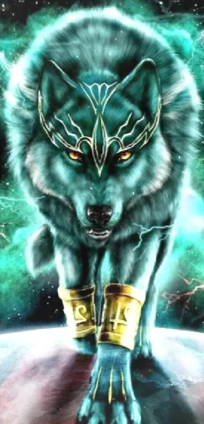 Mystical wolf with glowing teal aura on digital wallpaper.