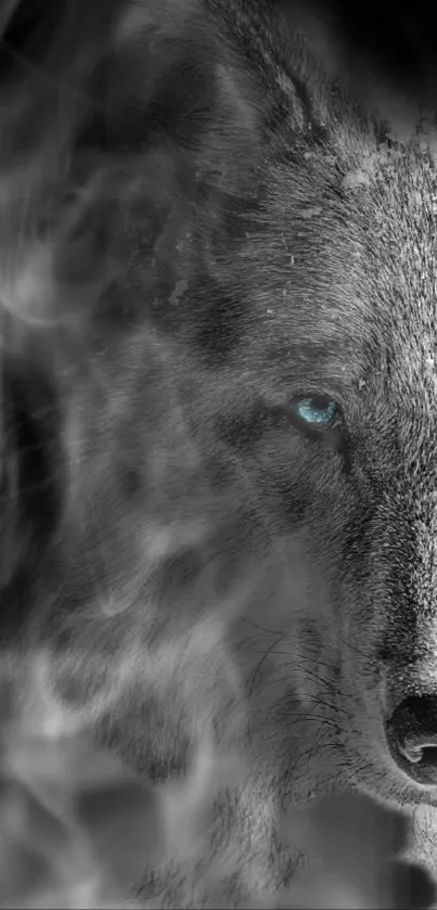 Mystical wolf with blue eyes in a smoky grayscale design.