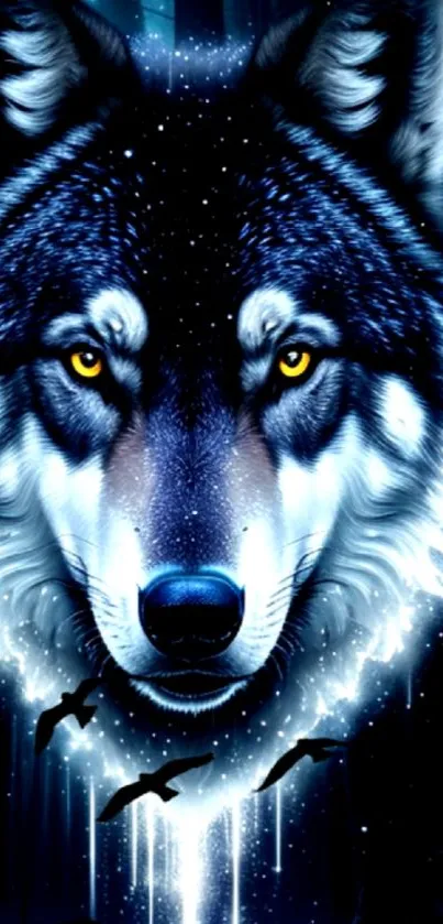 Majestic wolf with glowing eyes on a mystical blue background.