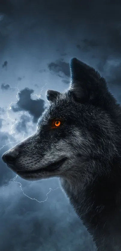 Black wolf with orange eyes under stormy sky.