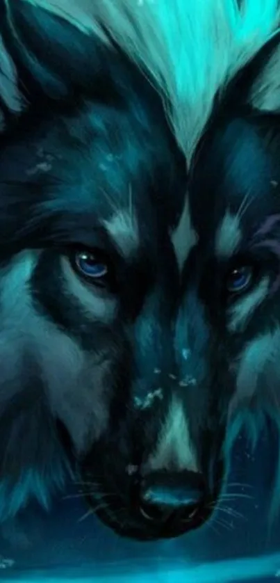 Enigmatic wolf with teal fur in fantasy setting.