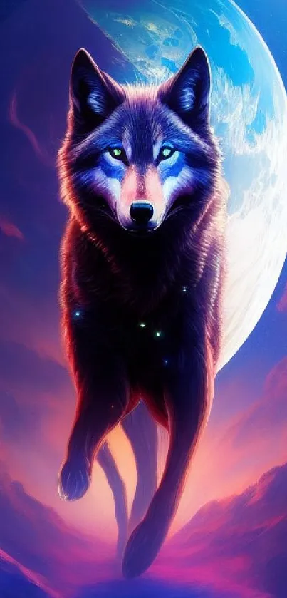 Mystical wolf against a cosmic night sky with vibrant colors.