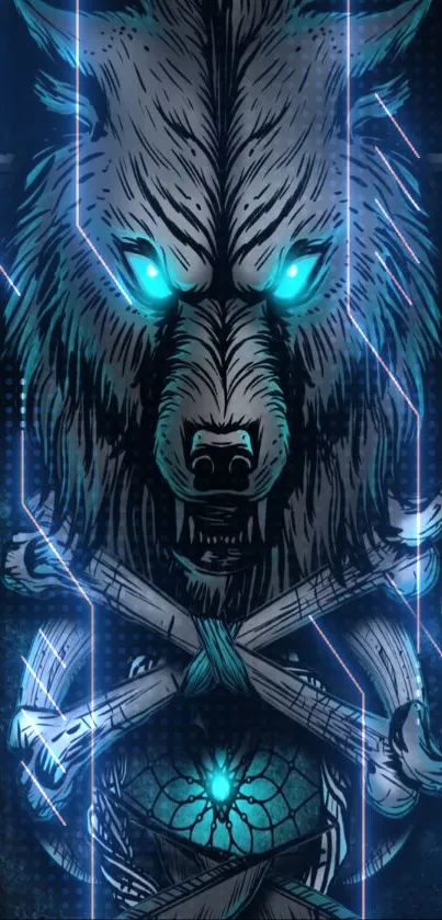 Mystical wolf with glowing eyes on dark background wallpaper.