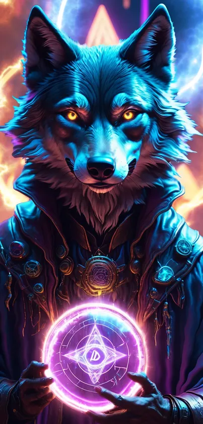 Mystical wolf holding a glowing orb with neon colors.