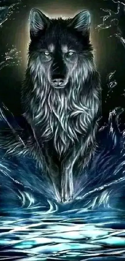 Mystical wolf emerging from water, dark blue art.