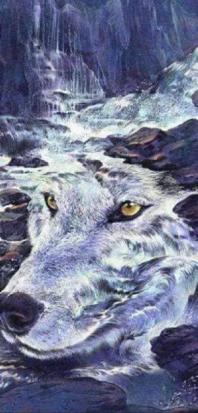 Mystical wolf face waterfall in blue artistic design.