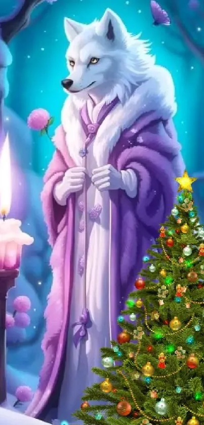 Mystical wolf in robe with Christmas tree