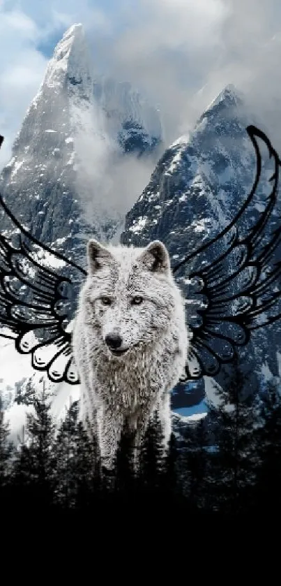 Wolf with angelic wings against snowy mountains.
