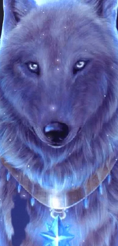 Mystical wolf with blue aura and starry background.