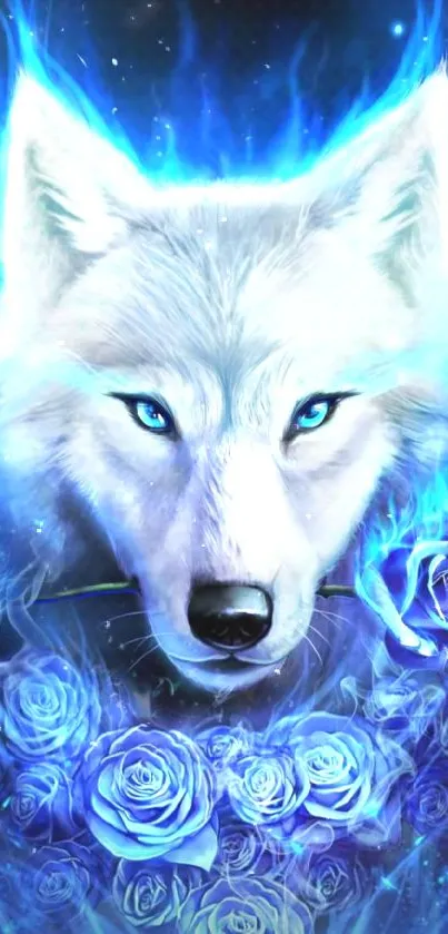 Mystical white wolf with blue roses wallpaper.