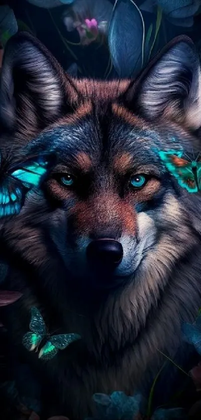 Mystical wolf surrounded by vibrant butterflies.