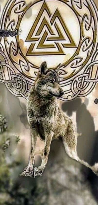 A mystical wolf with Celtic patterns and forest backdrop.