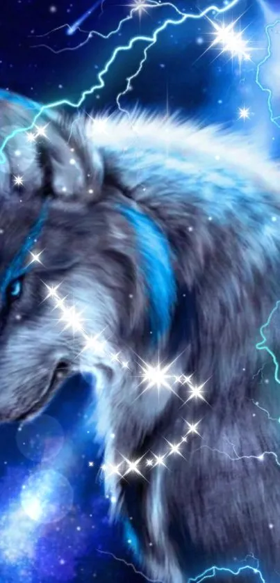 Mystical wolf with electric blue aura and starry background.