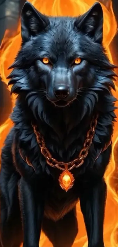 Mystical wolf with fiery aura and necklace in forest.