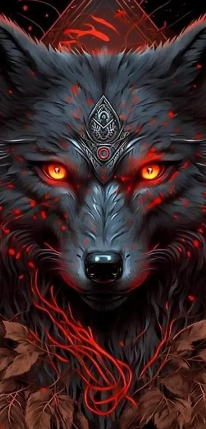 Mystical wolf with fiery red eyes and intricate designs on a dark background.