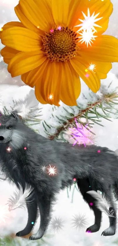 Wolf under bright orange flower in snowy setting.