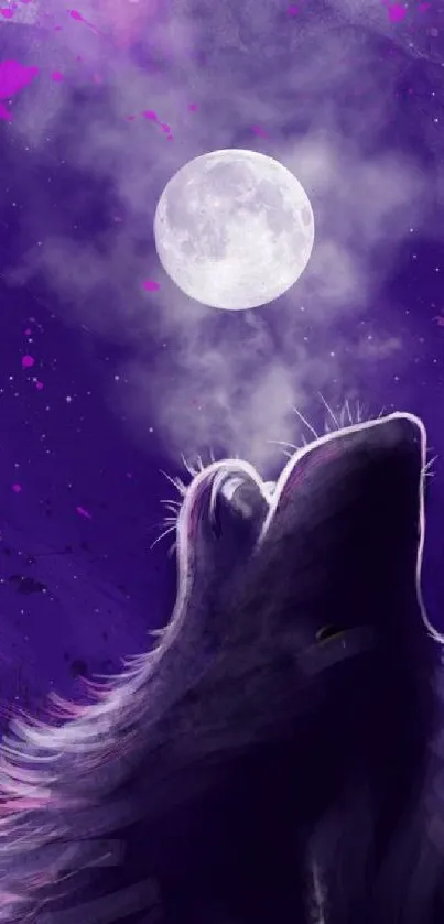 Wolf silhouette howling at the moon against a purple sky.