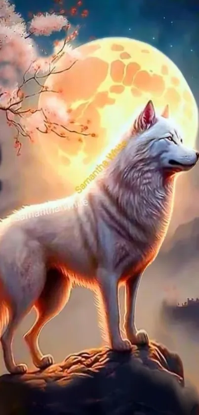 White wolf standing against a glowing full moon backdrop.