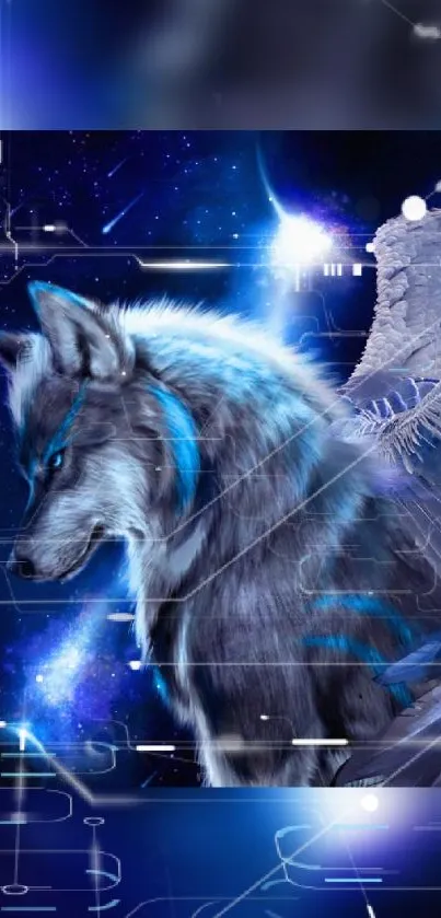 Mystical wolf with glowing wings set in a blue galaxy background.