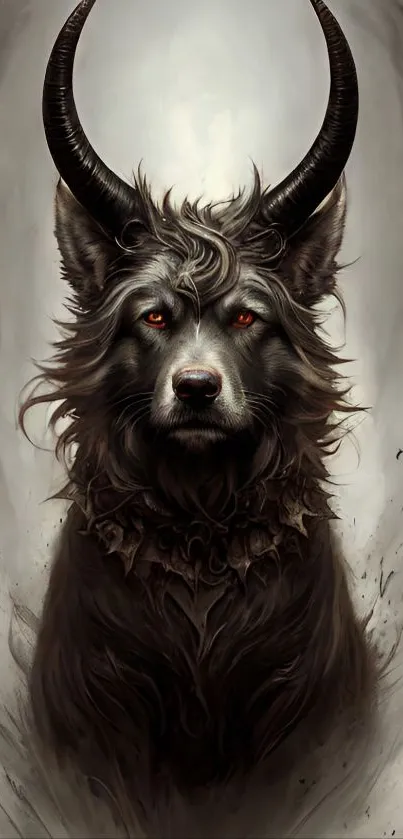 Illustration of a mystical wolf with horns in dark tones.