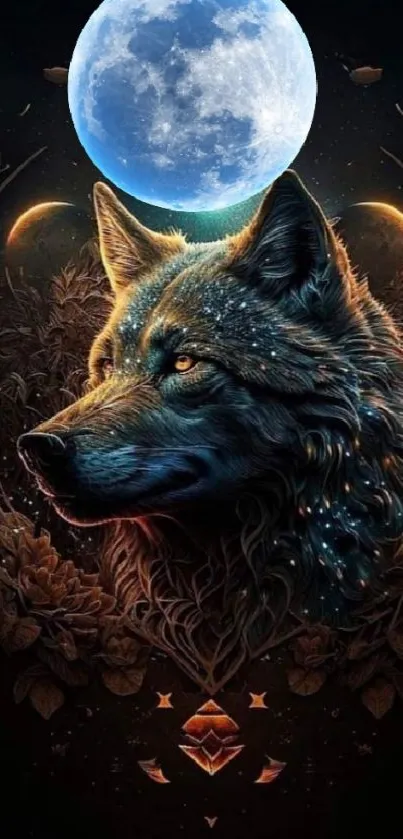 Mystical wolf with a glowing moon background.