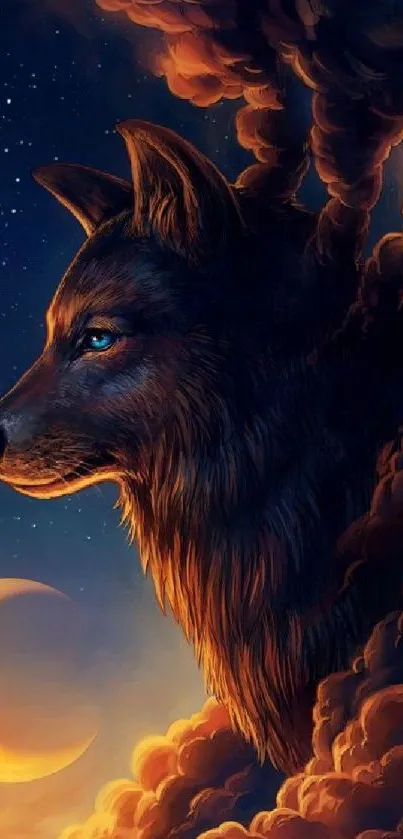 Mystical wolf with moon in a dark sky art.