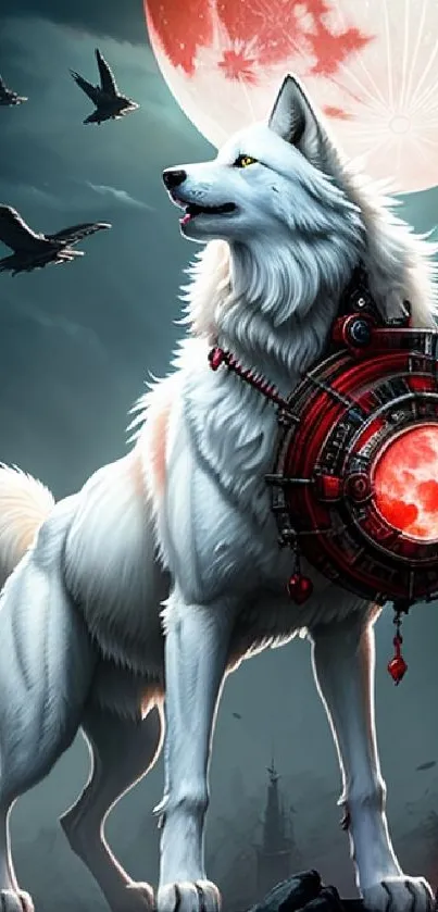 Majestic white wolf with a red moon in a fantasy landscape wallpaper.