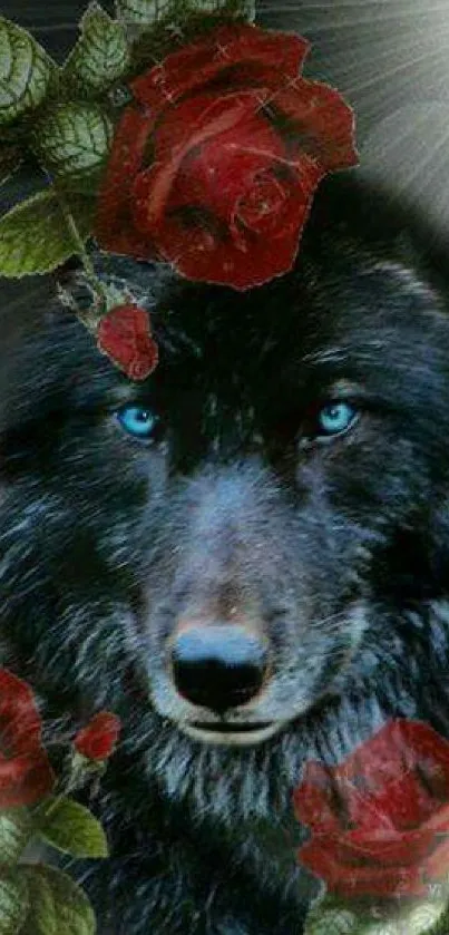 Mystical wolf with red roses on phone wallpaper.