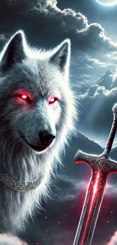 Wolf with red eyes and sword under a moonlit sky.