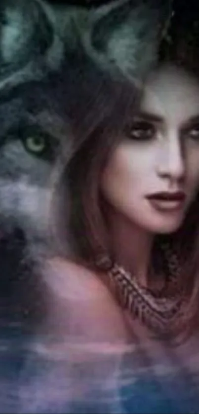 Mystical artwork of a woman blended with a wolf portrait in dark tones.