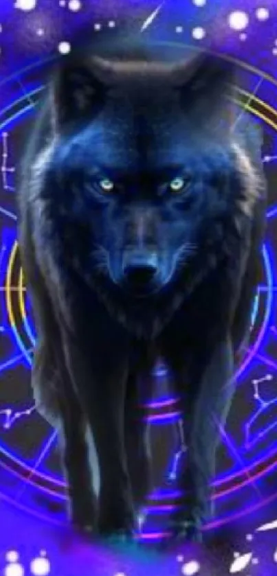 Mystical blue wolf with zodiac constellations background.