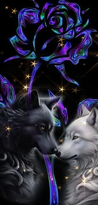 Mystical wolves with a vibrant rose on a dark background with golden stars.